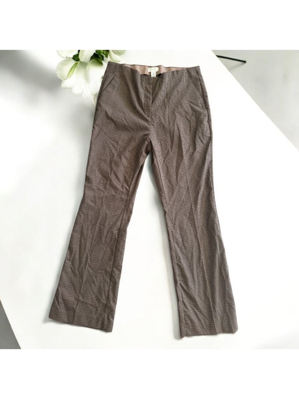 H&M Brown Houndstooth Plaid Wide Leg Pull On Dress Pants Size US 14 NEW NWT